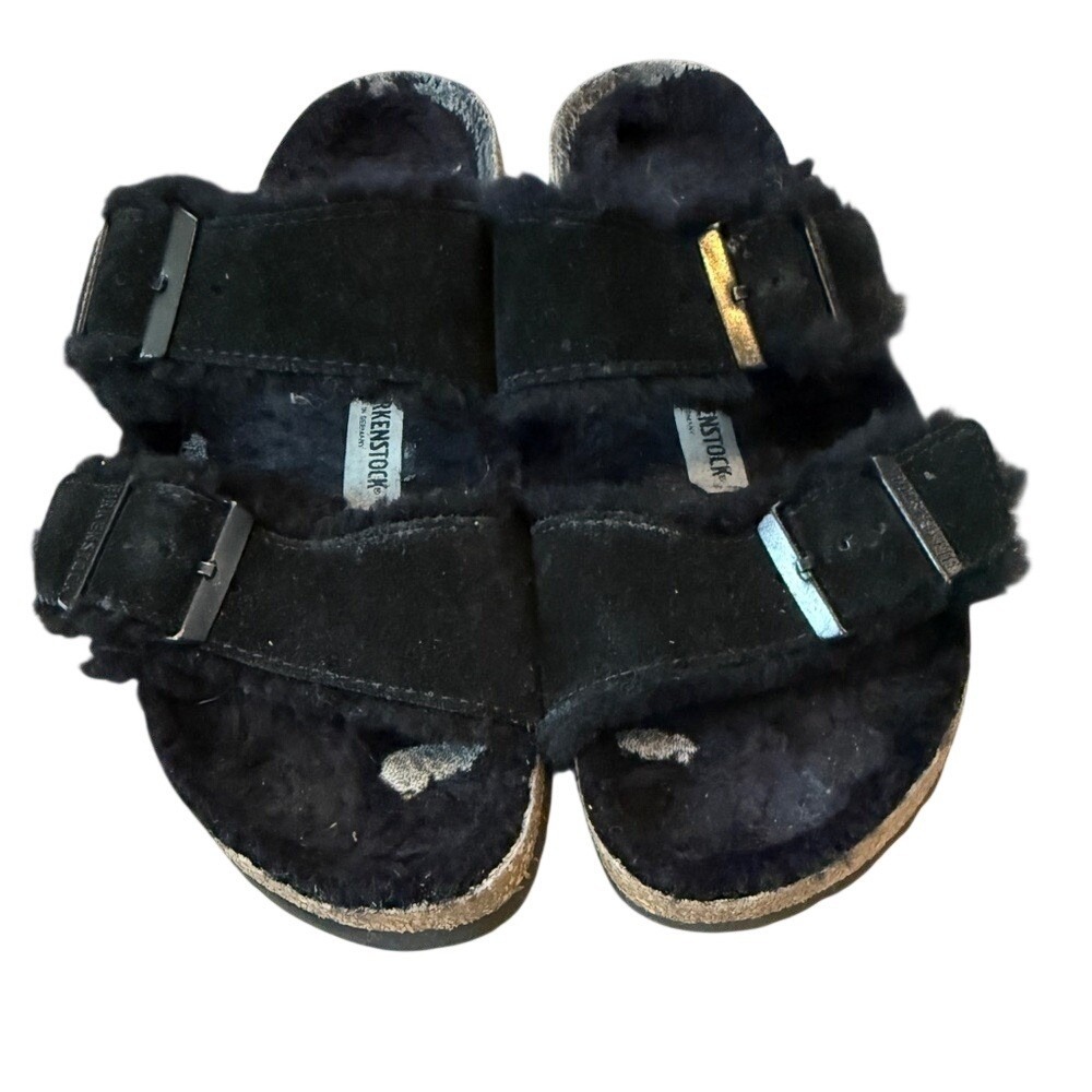Birkenstock‎ Arizona Shearling Sandals - Black Suede - Women's Size 38/7-7.5